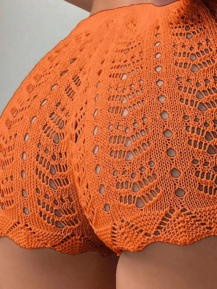 Polyester100.00% Hollow Drawstring Open Waist Knitted Bikini Blocked Women's Shorts - M & M Global