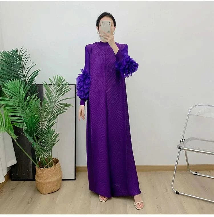 ANLAN Miyake Pleated Maxi Long Dress Mesh Petal Sleeve Half Turtleneck Formal Dresses for Women 2024 New Hot Sales 6KK9927 - M & M Global