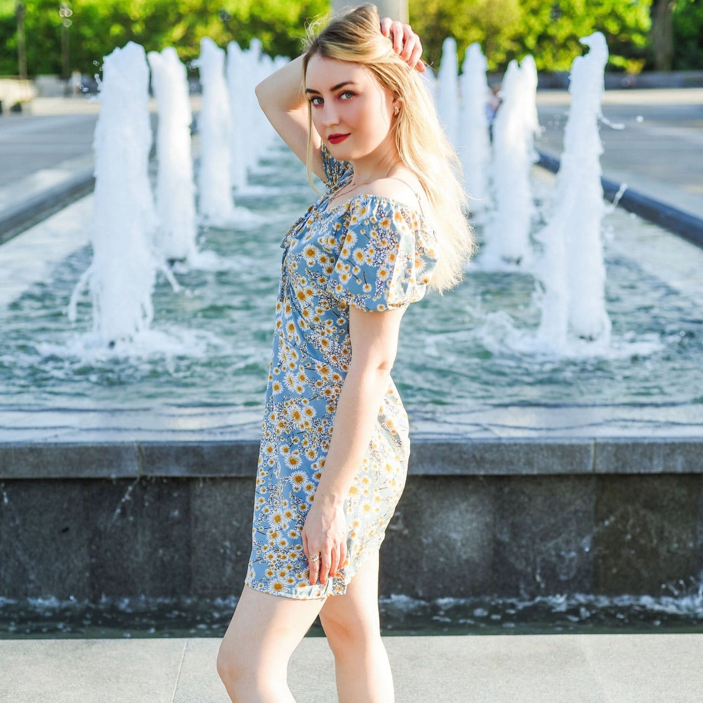Women Mini Dresses Summer Fashion Female Vestidos Print Floral Chiffon Dresses Shirring Pleated Short Puffy Sleeve Casual Dress - M & M Global