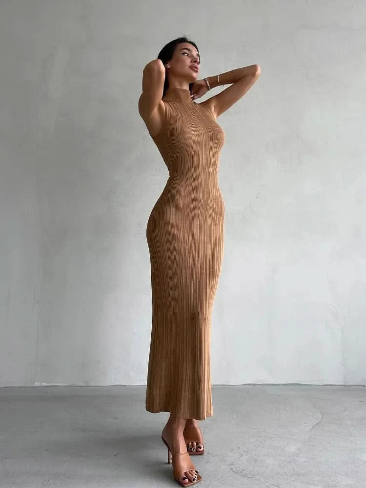 Tossy Sleeveless Knitwear Turtleneck Long Dress Female Slim Elegant Fashion Autumn 2023 Ribbed Knit Dress For Women Maxi Dress - M & M Global