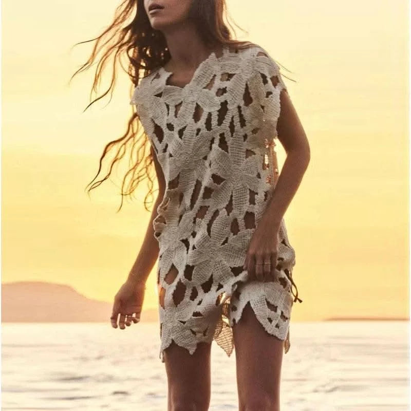 2025 New Summer Swimwear Beach Holiday Dress Sexy Women Knit Beach Dress Hollow-Out V-Neck Short Sleeve Bikini Cover-Ups Dress - M & M Global