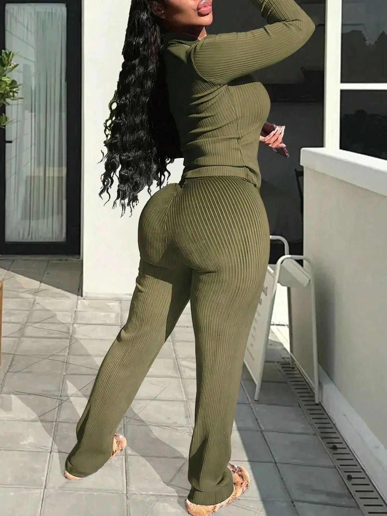 2025 Newest Women's Two-Piece Set Casual Comfortable V-Neck Ribbed Knit Solid Color Long Sleeve Top and Pants
