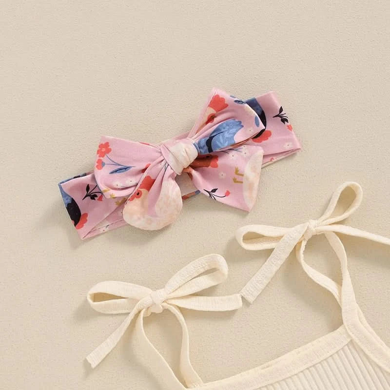 Toddler Girl 3 Piece Summer Set Floral Print Sleeveless Romper with Ruffle Trim Denim Shorts Bow Headband Outfit - M & M Global
