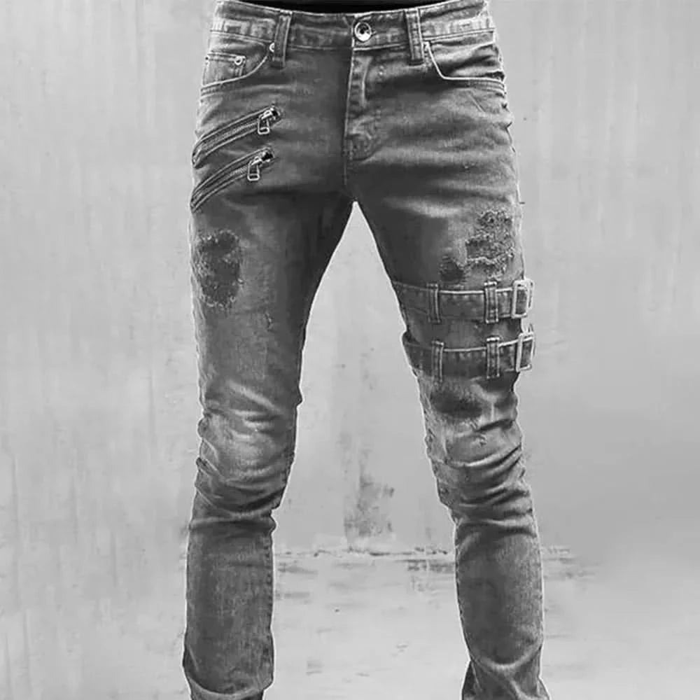 Retro Moto Biker Straight Elastic Jeans Men Zipper Hole Streetwear Punk Skinny Denim Cargo Pants Pantalones Hombre Y2K Clothing - M & M Global