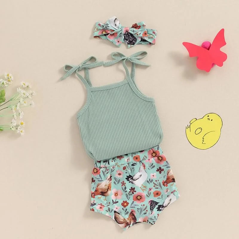 Toddler Girl 3 Piece Summer Set Floral Print Sleeveless Romper with Ruffle Trim Denim Shorts Bow Headband Outfit - M & M Global