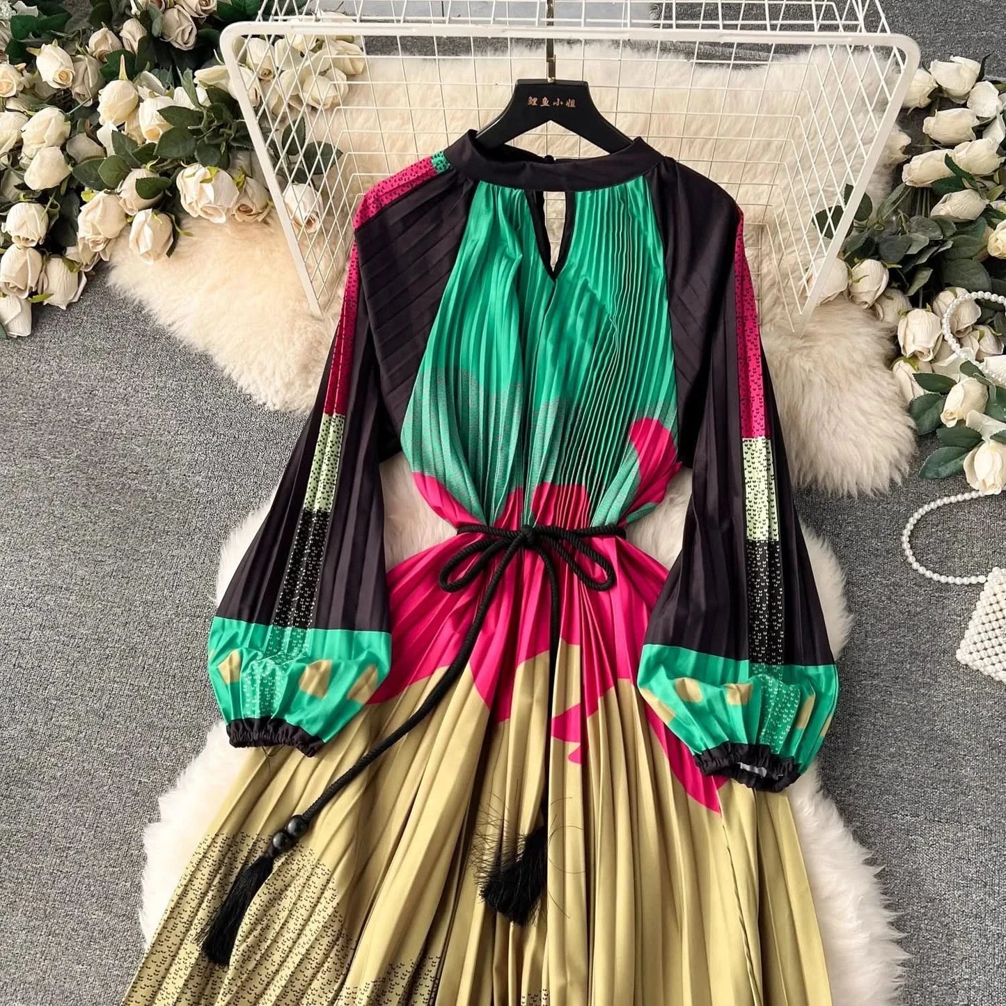 Spring Holiday Print Long Dress For Women Fashion Loose Lantern Sleeve Party Robe Female Big Swing Tassels Belt Pleated Clothes - M & M Global