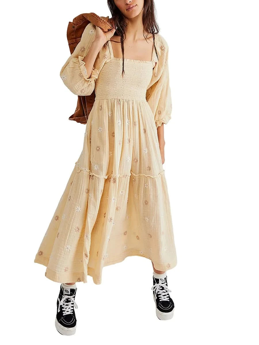 Women's Flower Embroidered Long Dress Bodycon Lantern Sleeve Square Neck Tiered Flowy Dress Bohemian Summer Beachwear Dresses - M & M Global