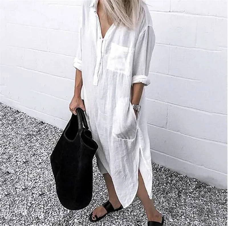 Spring Summer Women's Solid Color Loose Split Shirt Midi Dress Elegant Casual Button Pocket V-Neck Long Sleeve Long Dress 2024 - M & M Global