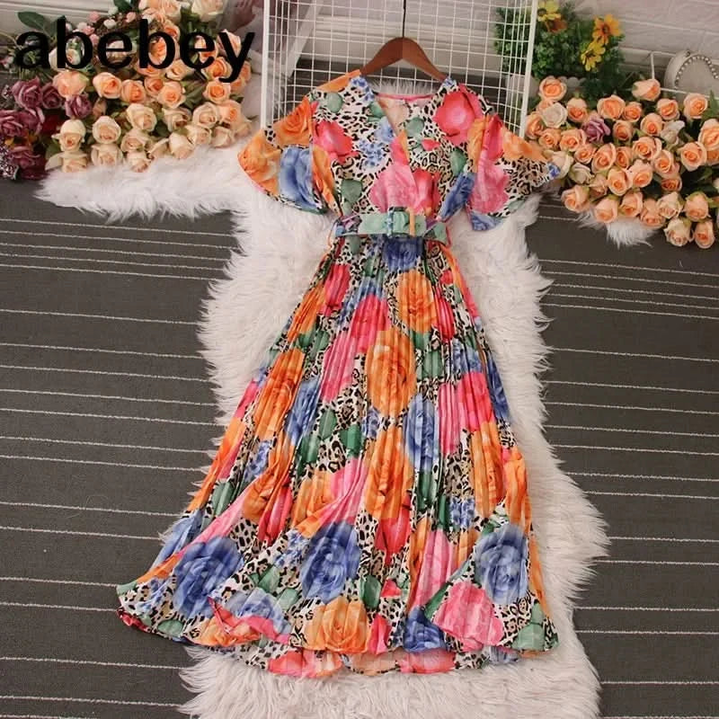 Women Dress Fashion Vintage Ins Bandage Slim Waist A-line Long Dress Vacation Beach Summer Outfits Lady Robe Femme - M & M Global