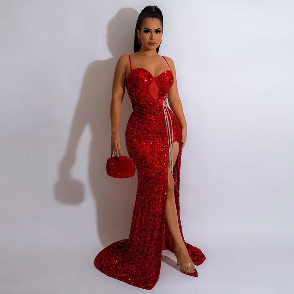 CM.YAYA Women Sequined Tassel Front Spaghetti Strap Sleeveless High Side Slit Maxi Long Dress 2023 Evening Sexy Party Dresses - M & M Global