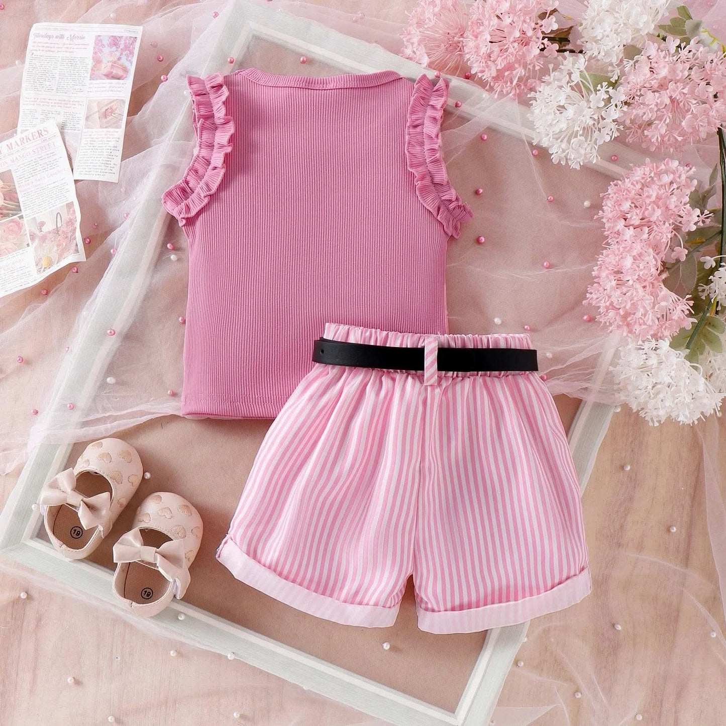 3PCS Summer New Style Comfortable And Fashionable Pink Pit Strip Vest + Shorts Set For Girls Aged 0-3 - M & M Global