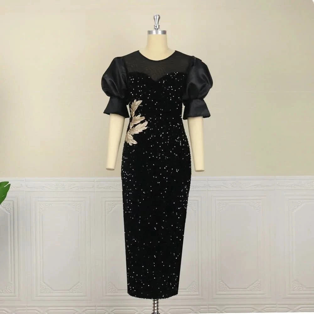 Women Sequined Shiny Black Long Dress Glitter Embroidered Chest Wrapped Puff Sleeve Classy Winter Fall Party Celebrity Gowns New - M & M Global