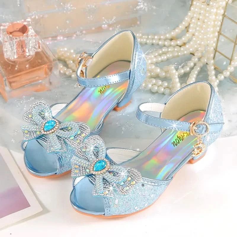 Summer Girls Sandals With Heel Fashion Rhinestone Shiny Glitter Shoes Children Princess Bowtie Pearl Dancing Shoes H876 - M & M Global