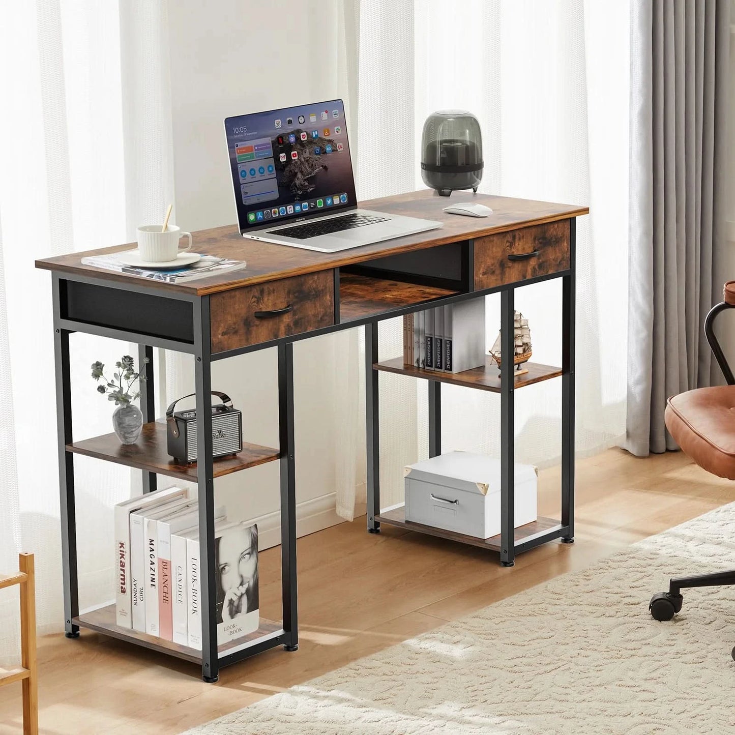 JHK 48 Inch Double Deck Shelving Office Computer Desk with Pull-out Fabric Storage Drawers Metal Frame Adjustable Feet Table 