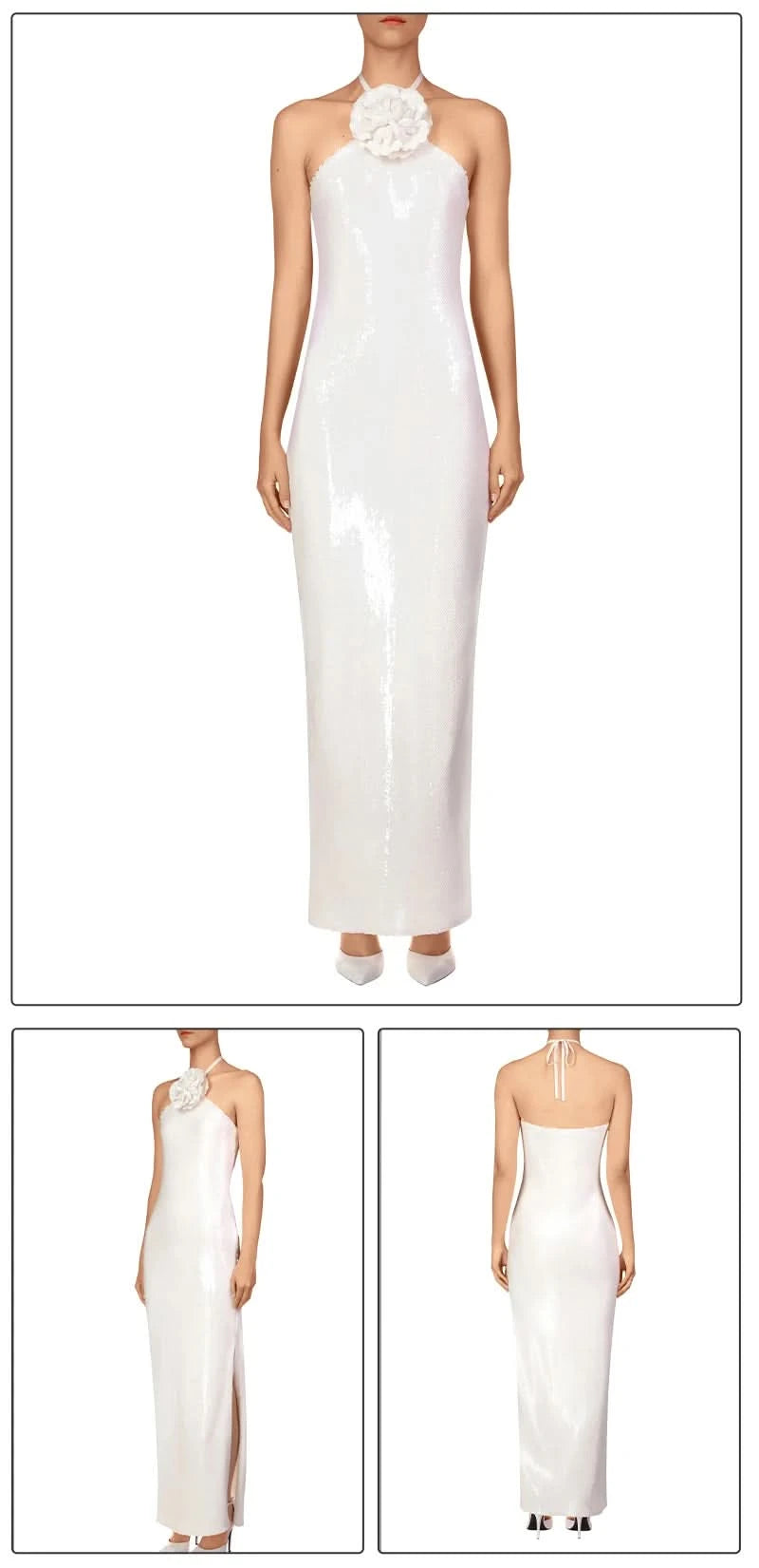 VC Women Elegant 3D Flowers Halter Backless Sexy Club Sequin Bodycon Prom Long Dress Party Festival Split Dress - M & M Global