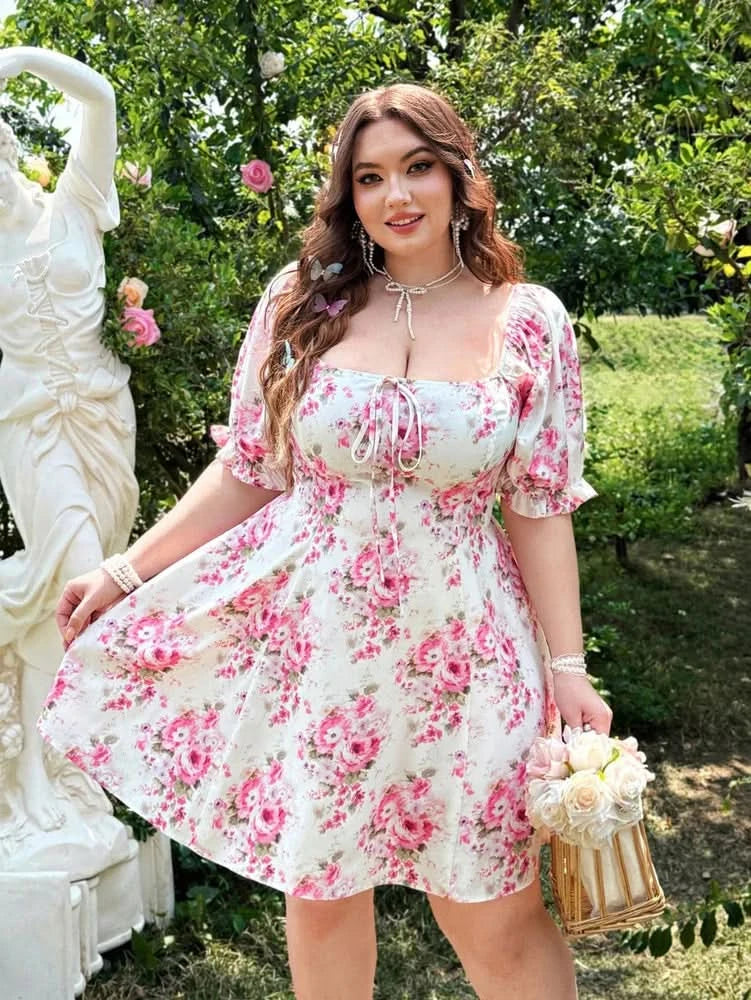 plus Size Spring Summer Vacation Romantic Vintage Print Butterfly Knot Bubble Sleeve Dress - M & M Global