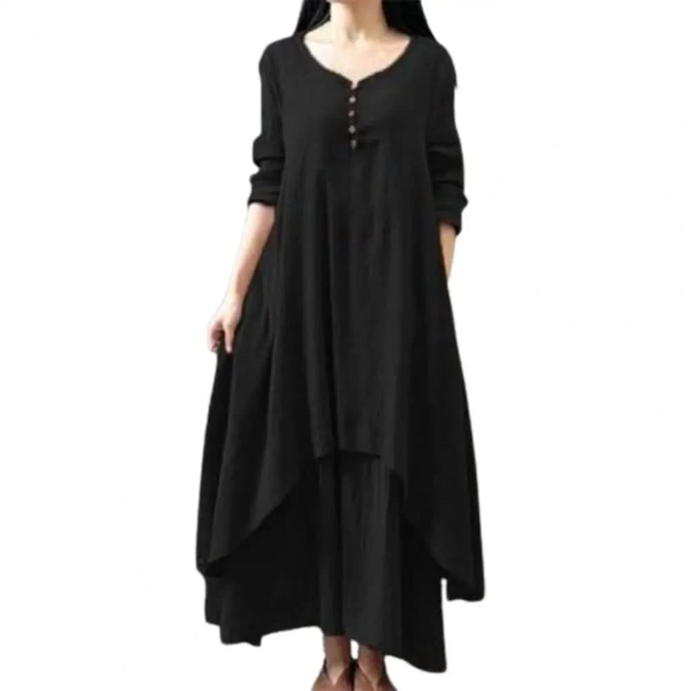 Women Elegant Linen White Dresses Bohemia Layering Vintage Robe Long Sleeve Loose Long Dress Female Autumn Vestidos - M & M Global
