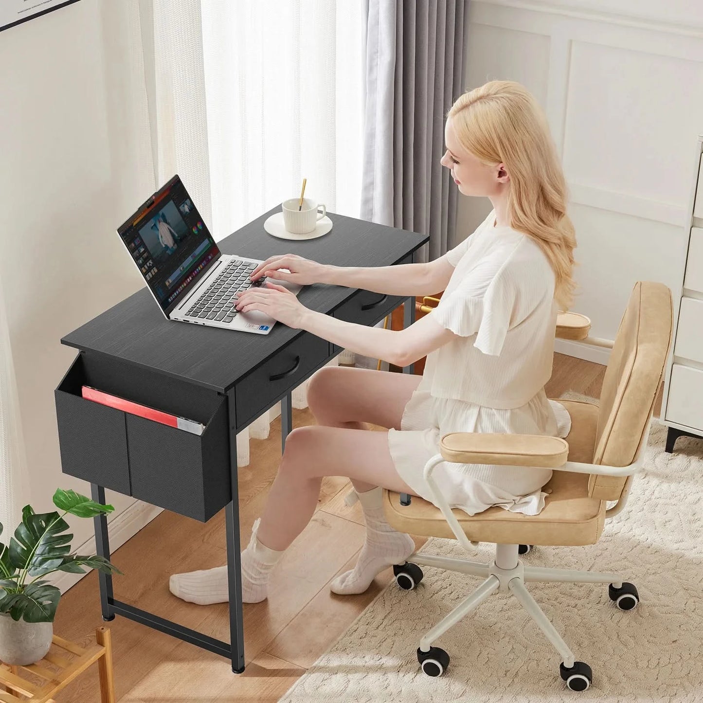JHK 32 Inch Modern Office Computer Desk with Fabric Storage Drawers Space Side Bag Metal Frame Adjustable Feet For Home PC Table