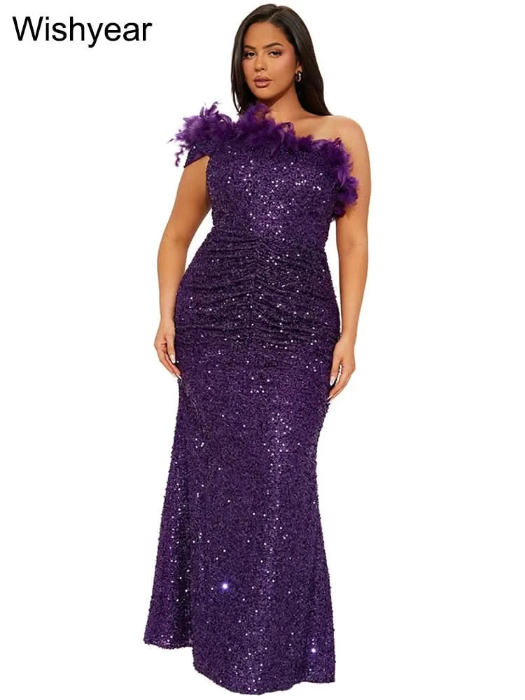 New Luxury Sequined Feather One Shoulder Sleeveless Slanted Collar Backless Purple Long Dress Women Birthday Party Event Gowns - M & M Global