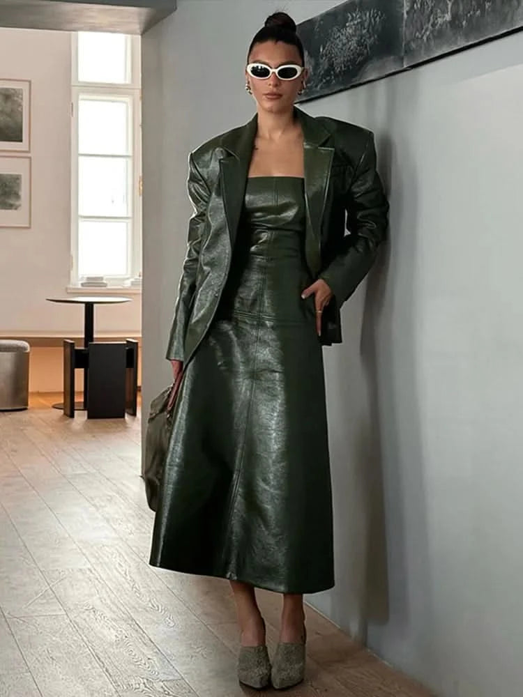 PU Leather Strapless Dresses Coat Women's Two Pieces Set Vintage Tube Sleeveless Slim Long Dress Lapel Jackets Street Outfits - M & M Global