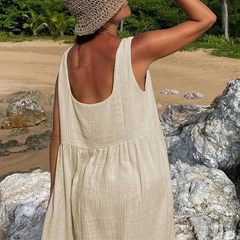 Newly 100% Cotton Gauze Dress For Women 2023 Square Collar Sleeveless Open Side Long Dress Summer Comfortable Beach Outfit - M & M Global