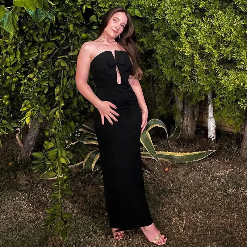 Tossy Tee Bow Off-Shoulder Slim Long Dress For Women Patchwork Fashion Elegant Hollow Out Backless Clothes Female Party Dress - M & M Global