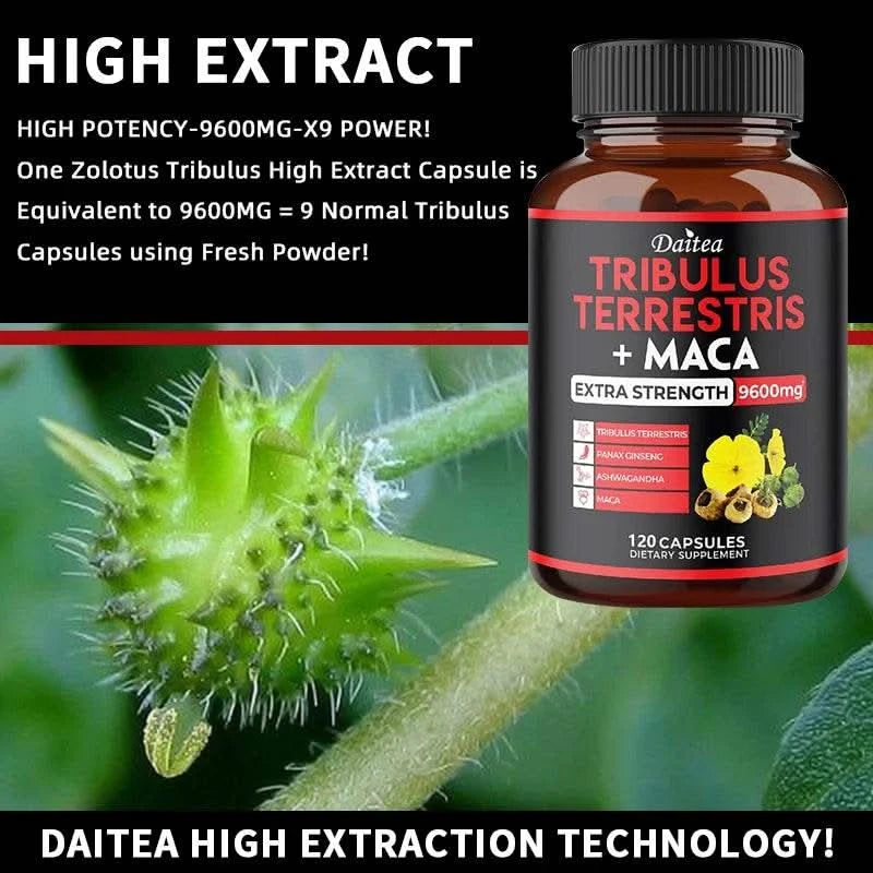 Daitea Tribulus + Maca Extract Capsules - Extra Strength 9600 Mg - Energy, Mood, Stamina and Immunity, Non-GMO - M & M Global