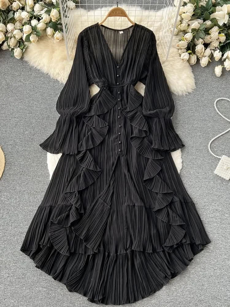 Purple/Brown/Red Chiffon Pleated Long Dress Women Vintage V-Neck Flare Sleeve Draped Ruffle Vestido Female Maxi Robe Spring Fall - M & M Global
