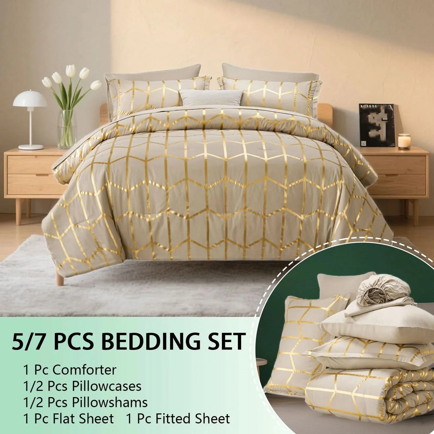 5/7 piece bedding set with geometric pattern on a bed in a bedroom setting.
Comfora Cozy Bedding Set
sage green bedding
white bedding set
comforter set queen
floral duvet cover
Comfora Cozy Bedding Set
plush comforter set cozy pack
ultra-soft all-season comforter and shams
luxury cozy bedding set online
warm textured comforter set King/Queen
Green Plant Bedding
Botanical Quilt Set
Nature Print Bedding
5 Piece Bedding Set
7 Piece Bedding Set