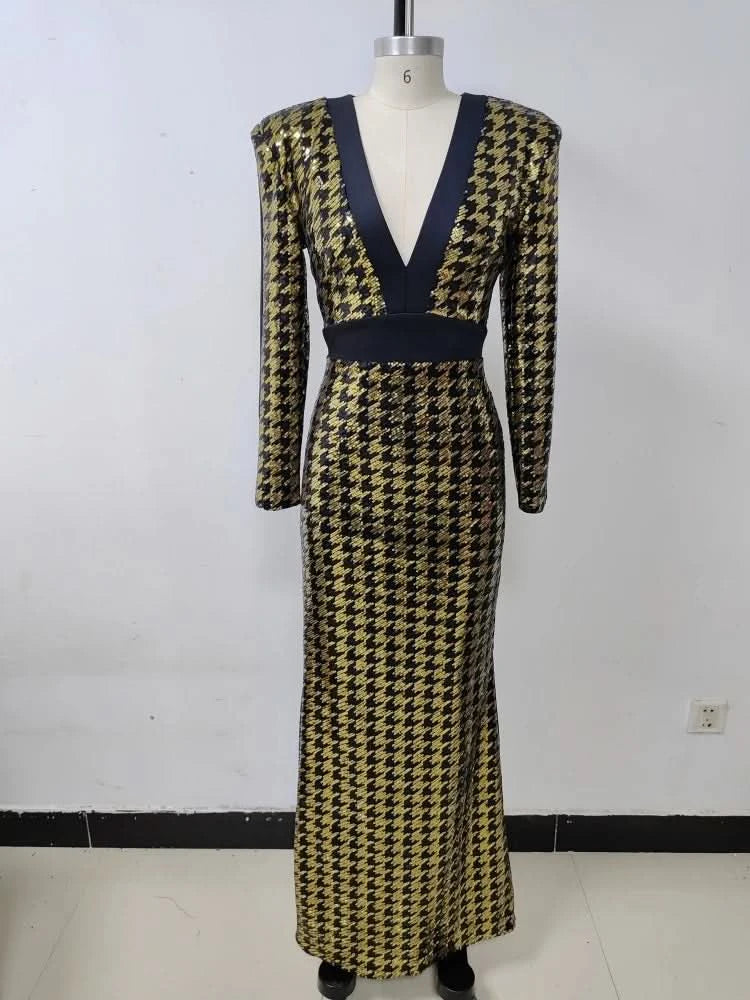 Sexy V Neck Bird Lattice Sequins Maxi Dress Women Black Gold Sequin Long Sleeves Bocycon Long Dress Runway Evening Party Gown - M & M Global