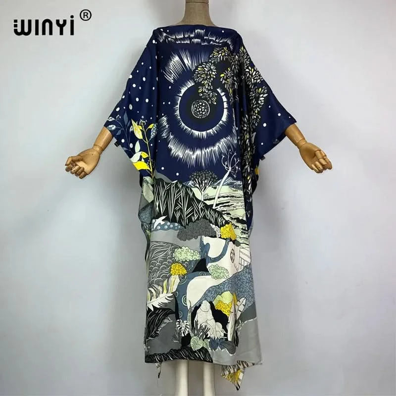WINYI 2023 new Africa Fashion boho Popular printed twill Kaftan Maxi dress Summer Beach Bohemian Caftan long dress for lady - M & M Global
