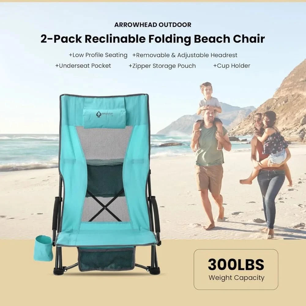 2-Pack Low Seating + 20° Reclining Folding Beach Chair w/Padded Headrest, Foam Armrest, Cup Holder, Carry Bag, 300 LBS Weight C