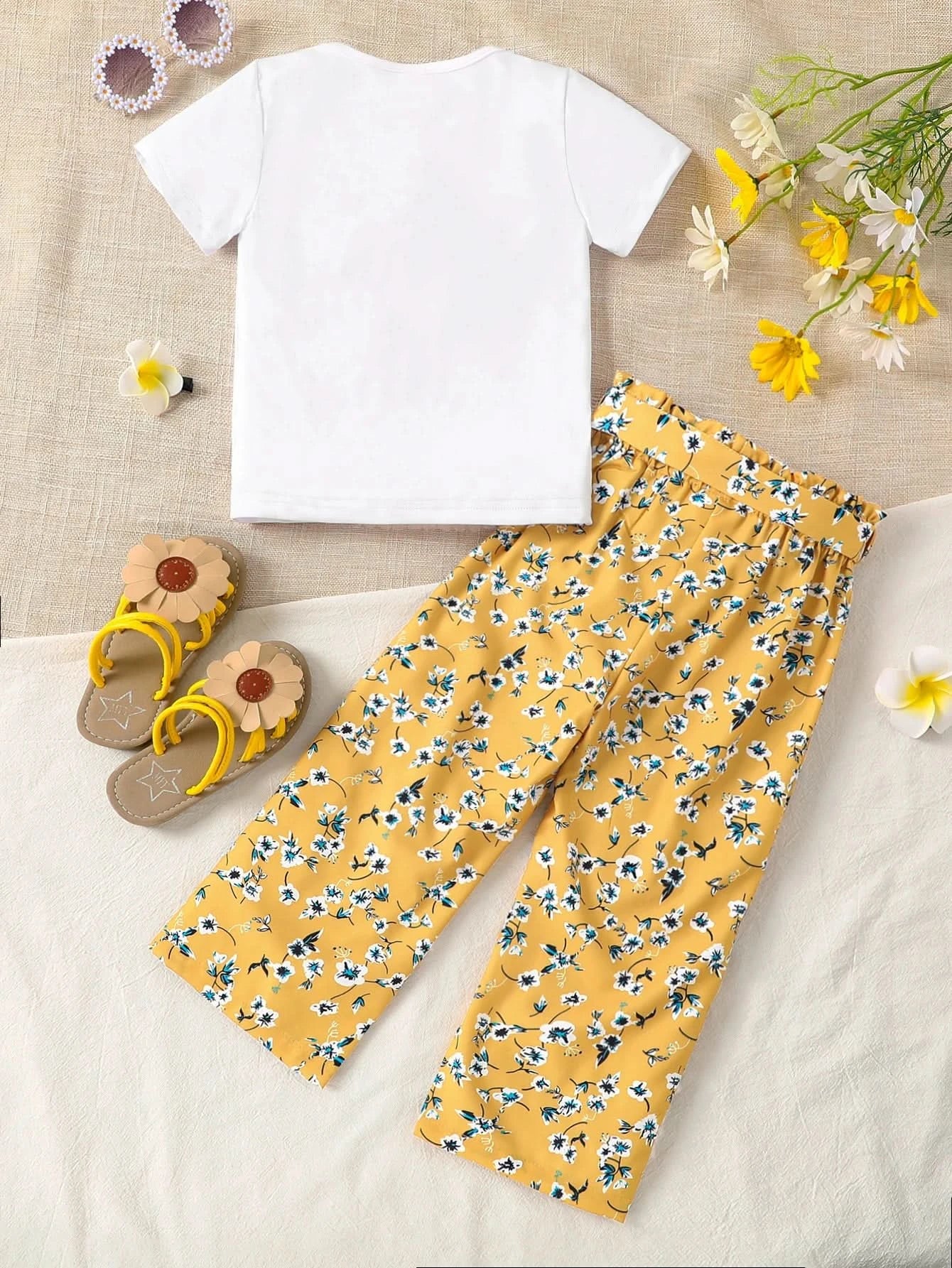 Girls Summer 2-Piece Set Cartoon Print T-Shirt & Floral Straight Leg Pants Breathable Kids Clothing Casual Outfit Fashion - M & M Global