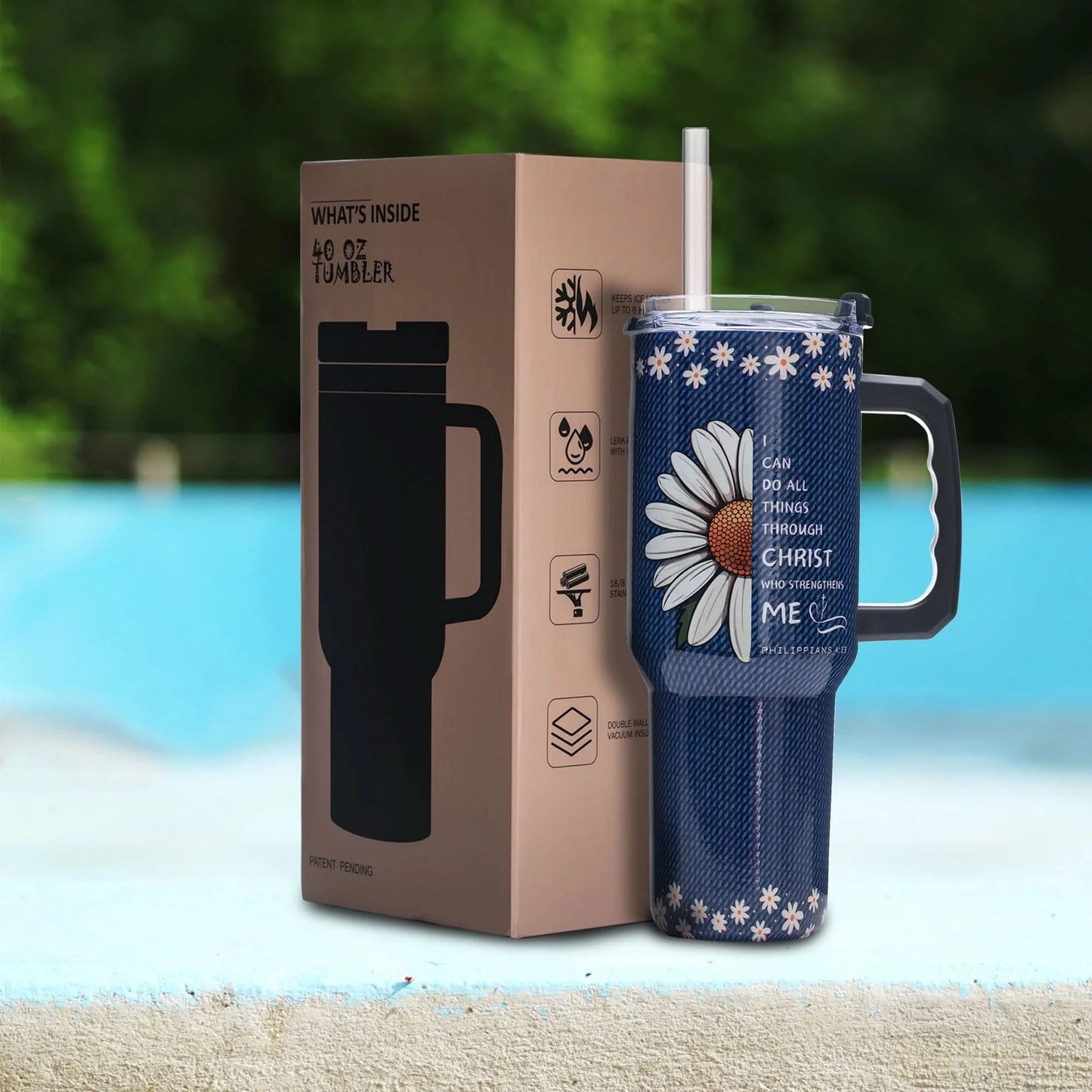 40oz Faith Quote Tumbler with Butterfly Art, Vacuum Insulated Stainless Steel with Handle and Wide Mouth, Gift for Christian Wom