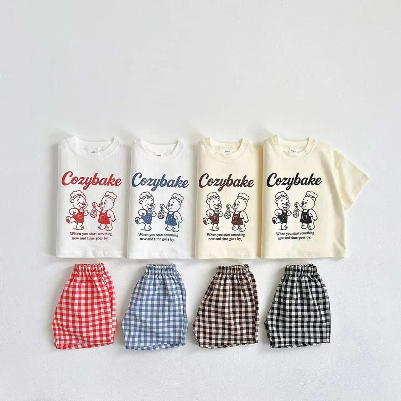 Print Tshirt Plaid Shorts 2Piece Set Summer Costume Boys Girls Baby Loose White Tees All-match Shorts New Child Trendy Outfits - M & M Global