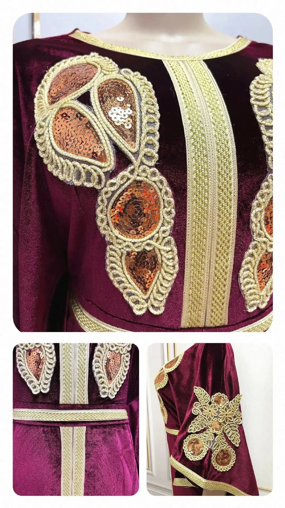 Ramadan Luxury Muslim Fashion Bat Sleeve Moroccan Turkiye Dubai Dress Middle East Arab Dress Sequins Golden Velvet Long Dress - M & M Global