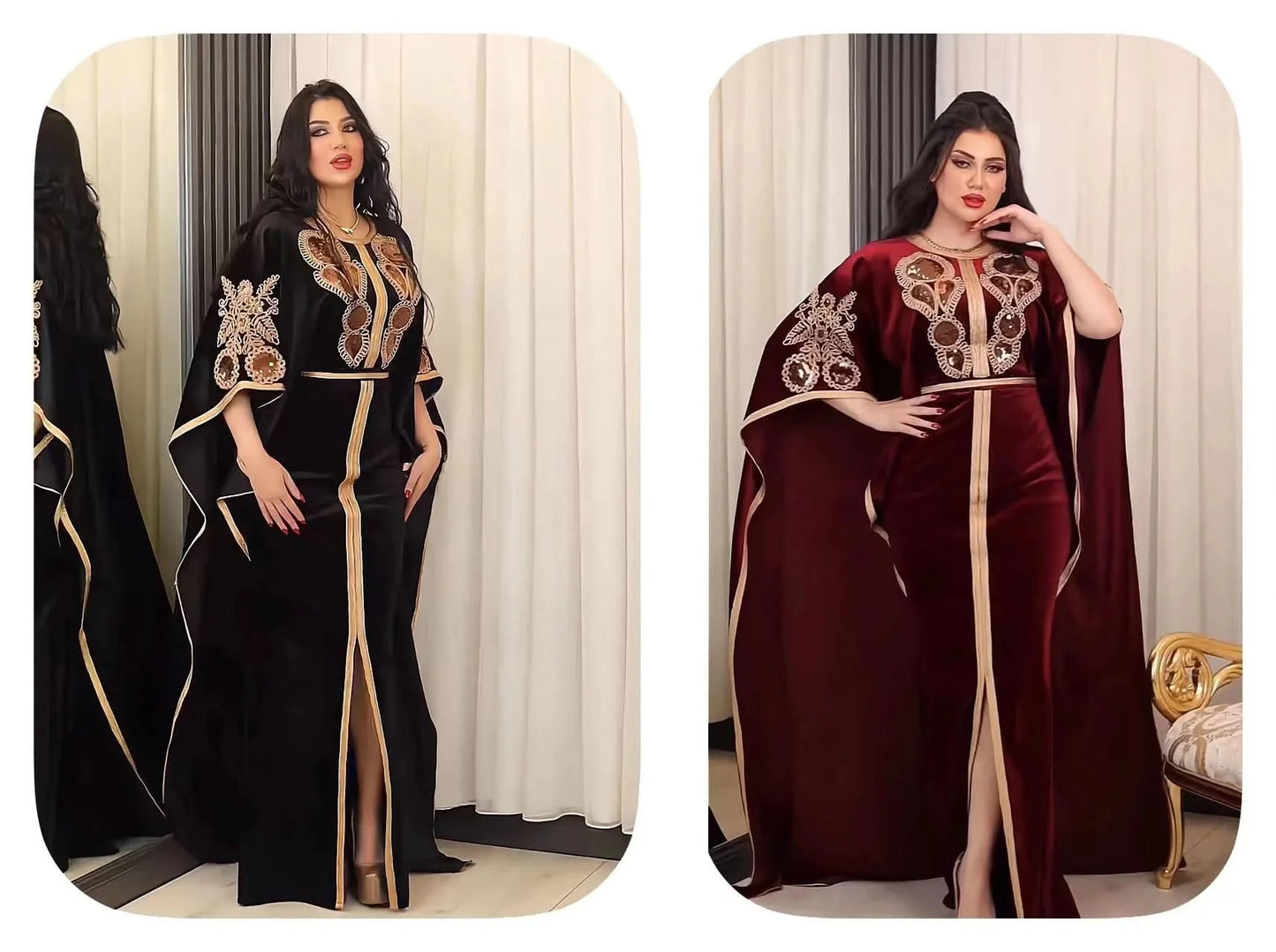 Ramadan Luxury Muslim Fashion Bat Sleeve Moroccan Turkiye Dubai Dress Middle East Arab Dress Sequins Golden Velvet Long Dress - M & M Global