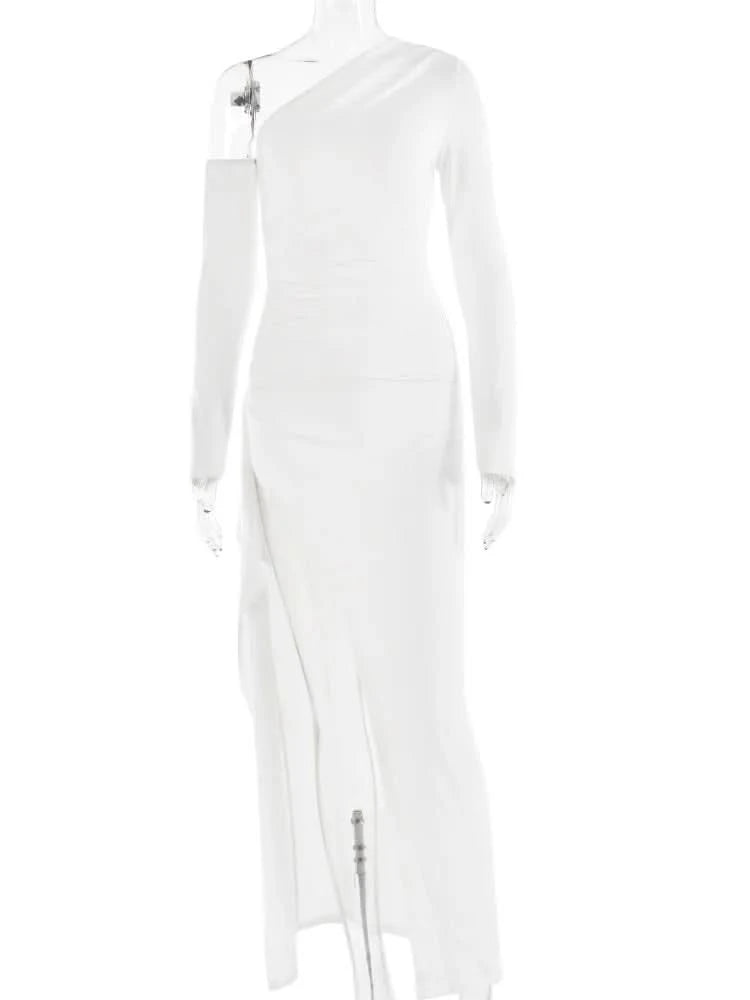 Mozision Oblique Shoulder Thigh High Split Maxi Dress Women Long Sleeve Backless Bodycon Sexy Club Party Long Dress Vestidos - M & M Global