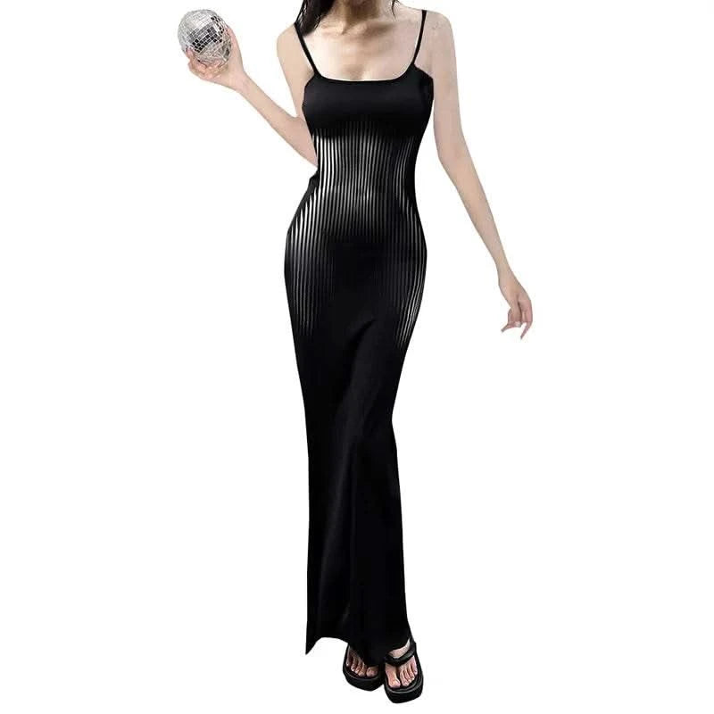 CUTENOVA Elegant Spaghetti Straps Print Long Dress Solid Color Sleeveless Square Neck Wrap Party Dress Summer Backless Cami - M & M Global