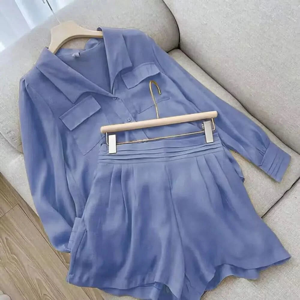 Thin Short Sets Shirts Two Piece Sets Loose Long Sleeve Casual Office Clothing Solid Color 2 Piece Summer Set Women Elegant - M & M Global