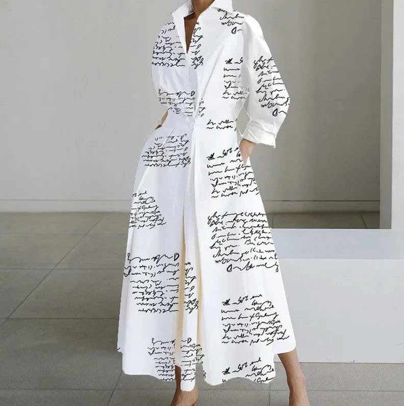 Autumn Dress Long Sleeve Dot Print Elegant Maxi Dresses For Women 2023 White Casual V Neck Shirt Party Long Dress Robe Femme - M & M Global