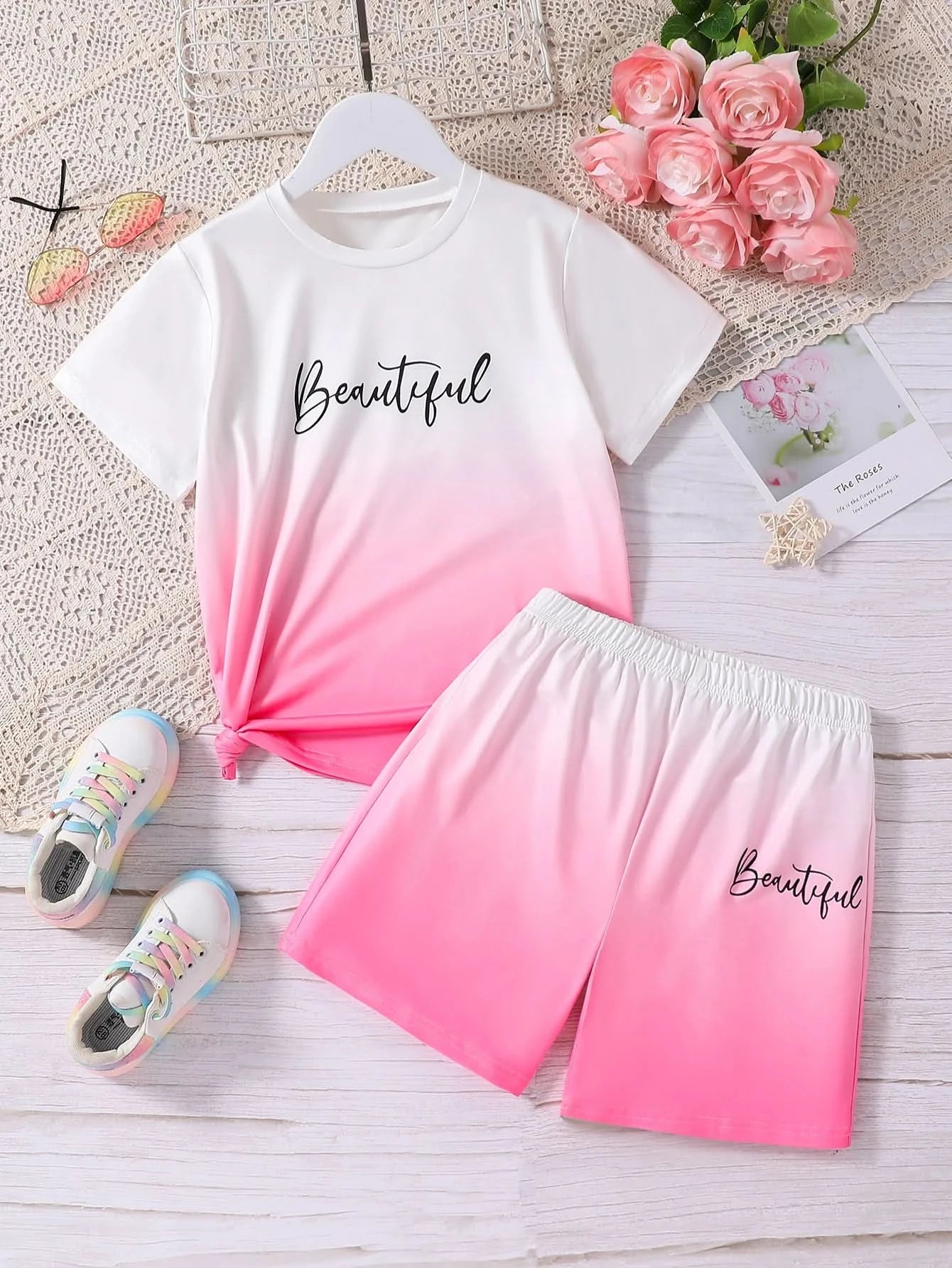 Best-Selling New Style Suit for Girls and Boys, Simple and Fashionable Gradient Letter Printed Short-Sleeved Shorts Suit, Casual Holiday Style - M & M Global