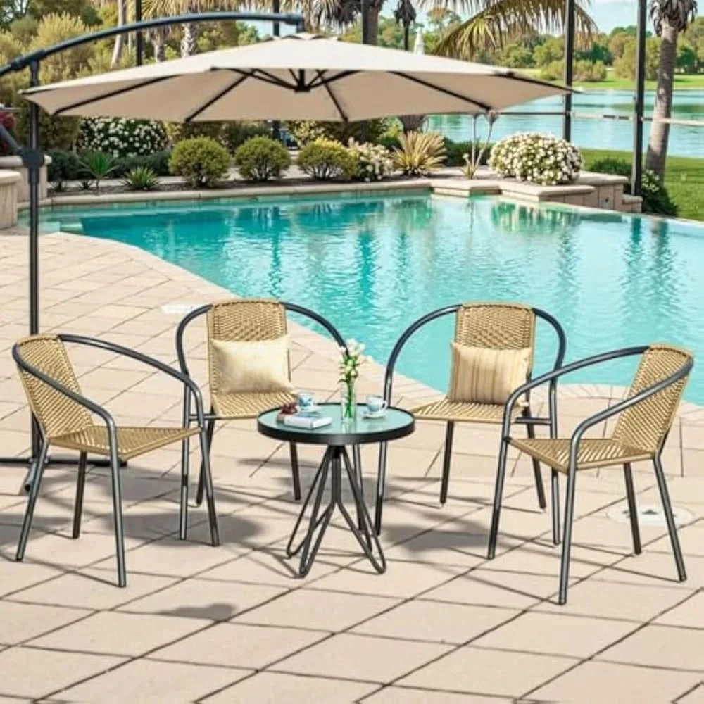 4 Pack Patio Stackable Rattan Chairs, Indoor-Outdoor Restaurant Wicker Dining All-Weather Armchair Stack Chair (Beige)