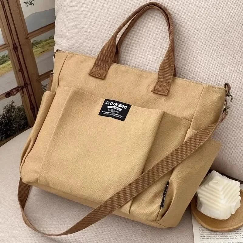 Urban Minimalist Female Student Large Capacity Commuting Horizontal Canvas Single Shoulder Diagonal Cross Portable Tote Bag - M & M Global