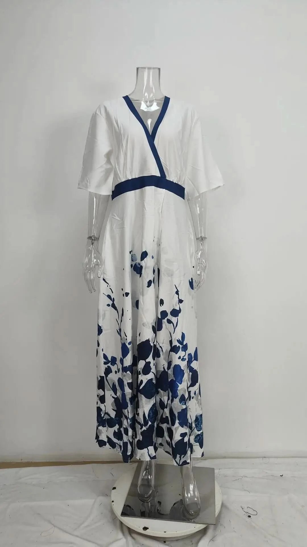 Spring Summer Women Fashion V Neck Belted Party Long Dress Sexy Printing Boho Maxi Dresses Short Sleeve Pocket Femlae Holiday - M & M Global