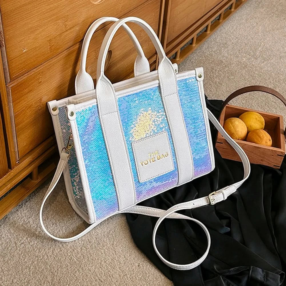 New The Tote Bag Letter Printed Sequins Top-Handle Bag Women Leather Handbag Luxury Designer Glitter Shoulder Crossbody Bag - M & M Global