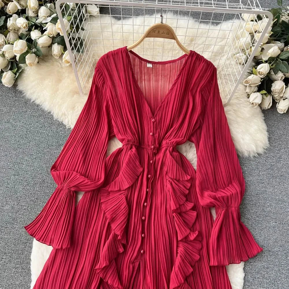 Purple/Brown/Red Chiffon Pleated Long Dress Women Vintage V-Neck Flare Sleeve Draped Ruffle Vestido Female Maxi Robe Spring Fall - M & M Global