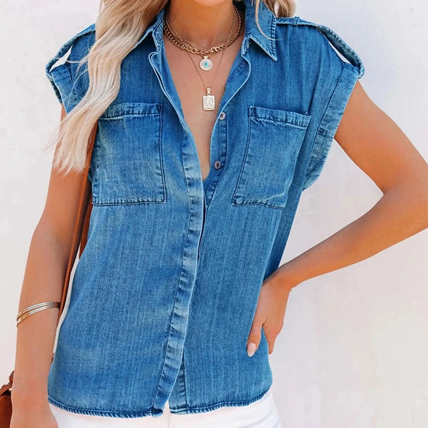 Elegant And Youthful Woman Blouses Summer Slimming Pure Color Retro Women'S Short Sleeve Denim Shirt Blusa Elegante Feminina - M & M Global