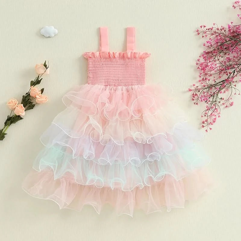 Lioraitiin Baby Kids Girl s Slip Dress Casual Sleeveless Contrast Color Layered Summer A-line Dress Tulle Princess Dress - M & M Global