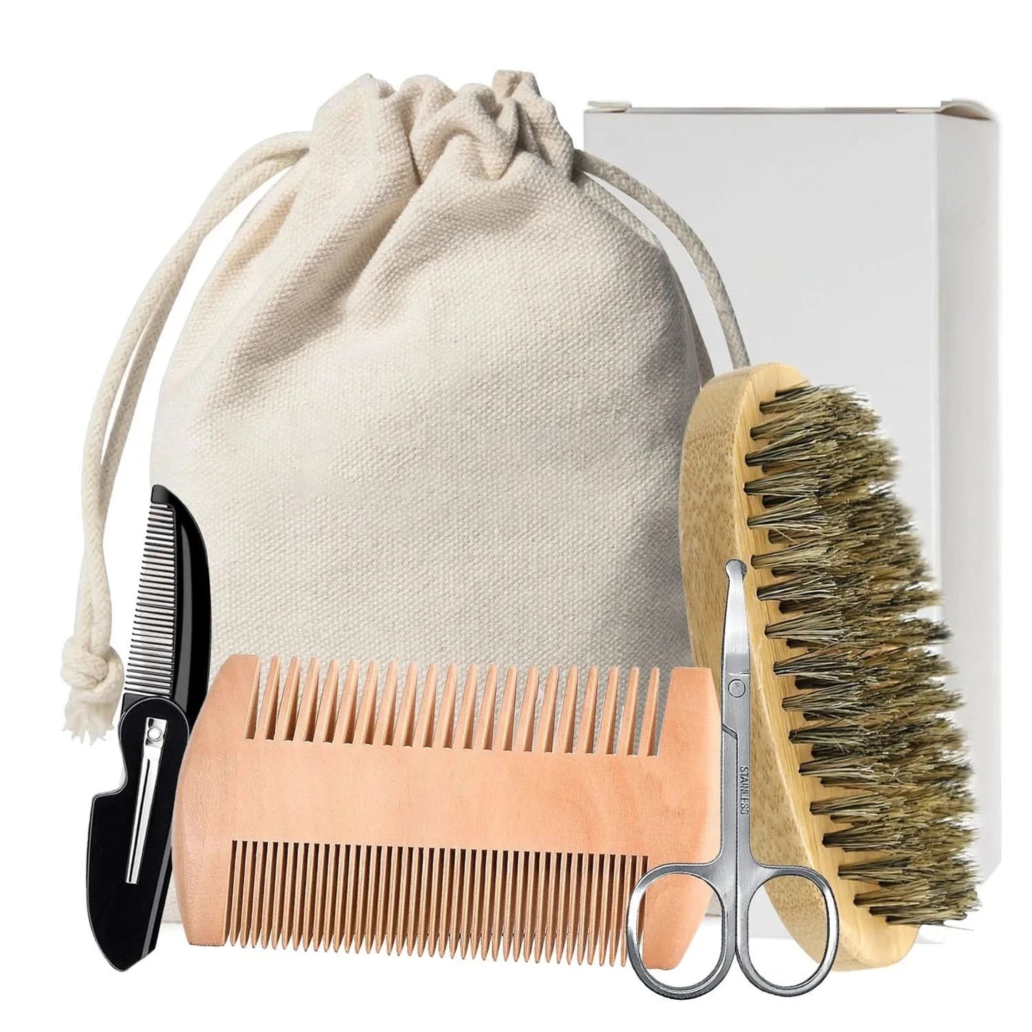 Men Shaving Bamboo Brush Comb Set Boar Bristle Portable Barber Beard Brush Comb Scissors for Facial Cleaning Styling Tool - M & M Global